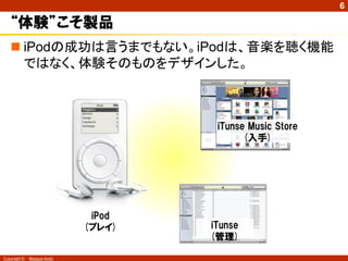 6

   “体験”こそ製品
    iPodの成功は言うまでもない。iPodは、音楽を聴く機能
     ではなく、体験そのものをデザインした。



                                     iTunse Music Store
                                           (入手)




                             iPod
                            (プレイ)   iTunse
                                    (管理)

Copyright ©   Masaya Ando
 