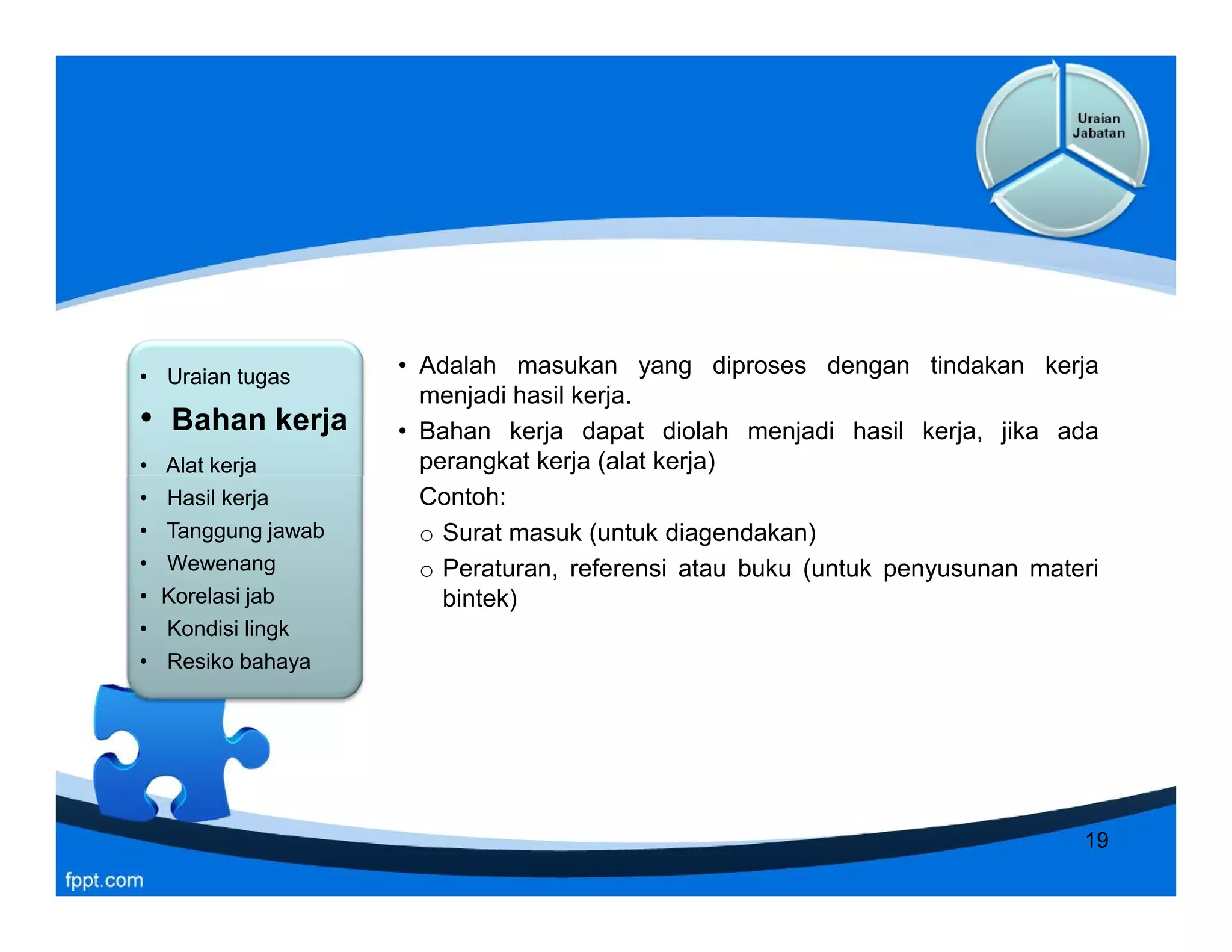 • Uraian tugas
• Bahan kerja
• Alat kerja
• Hasil kerja
• Tanggung jawab
• Wewenang
• Korelasi jab
• Kondisi lingk
• Resiko bahaya
• Uraian tugas
• Bahan kerja
• Alat kerja
• Hasil kerja
• Tanggung jawab
• Wewenang
• Korelasi jab
• Kondisi lingk
• Resiko bahaya
• Adalah masukan yang diproses dengan tindakan kerja
menjadi hasil kerja.
• Bahan kerja dapat diolah menjadi hasil kerja, jika ada
perangkat kerja (alat kerja)
Contoh:
o Surat masuk (untuk diagendakan)
o Peraturan, referensi atau buku (untuk penyusunan materi
bintek)
• Uraian tugas
• Bahan kerja
• Alat kerja
• Hasil kerja
• Tanggung jawab
• Wewenang
• Korelasi jab
• Kondisi lingk
• Resiko bahaya
• Uraian tugas
• Bahan kerja
• Alat kerja
• Hasil kerja
• Tanggung jawab
• Wewenang
• Korelasi jab
• Kondisi lingk
• Resiko bahaya
• Adalah masukan yang diproses dengan tindakan kerja
menjadi hasil kerja.
• Bahan kerja dapat diolah menjadi hasil kerja, jika ada
perangkat kerja (alat kerja)
Contoh:
o Surat masuk (untuk diagendakan)
o Peraturan, referensi atau buku (untuk penyusunan materi
bintek)
19
 