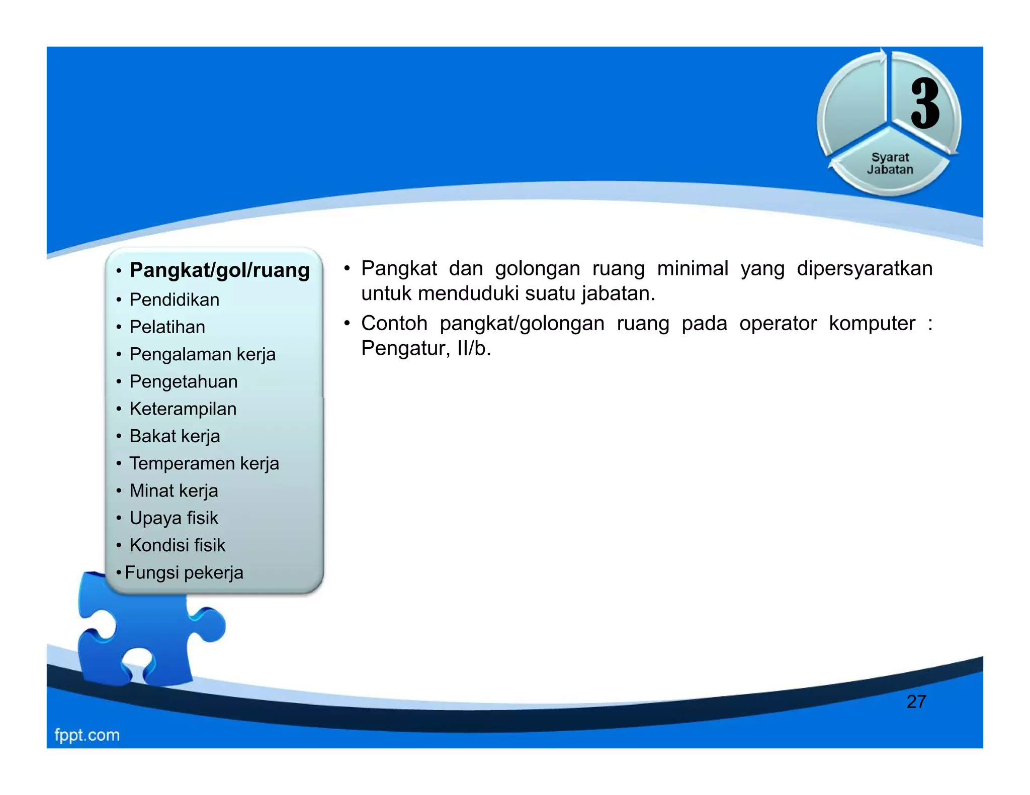 • Pangkat/gol/ruang
• Pendidikan
• Pelatihan
• Pengalaman kerja
• Pengetahuan
• Keterampilan
• Bakat kerja
• Temperamen kerja
• Minat kerja
• Upaya fisik
• Kondisi fisik
•Fungsi pekerja
• Pangkat/gol/ruang
• Pendidikan
• Pelatihan
• Pengalaman kerja
• Pengetahuan
• Keterampilan
• Bakat kerja
• Temperamen kerja
• Minat kerja
• Upaya fisik
• Kondisi fisik
•Fungsi pekerja
• Pangkat dan golongan ruang minimal yang dipersyaratkan
untuk menduduki suatu jabatan.
• Contoh pangkat/golongan ruang pada operator komputer :
Pengatur, II/b.
3
• Pangkat/gol/ruang
• Pendidikan
• Pelatihan
• Pengalaman kerja
• Pengetahuan
• Keterampilan
• Bakat kerja
• Temperamen kerja
• Minat kerja
• Upaya fisik
• Kondisi fisik
•Fungsi pekerja
• Pangkat/gol/ruang
• Pendidikan
• Pelatihan
• Pengalaman kerja
• Pengetahuan
• Keterampilan
• Bakat kerja
• Temperamen kerja
• Minat kerja
• Upaya fisik
• Kondisi fisik
•Fungsi pekerja
27
 