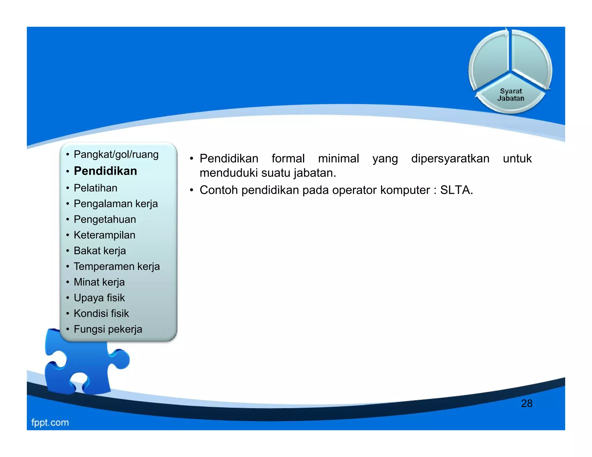 • Pangkat/gol/ruang
• Pendidikan
• Pelatihan
• Pengalaman kerja
• Pengetahuan
• Keterampilan
• Bakat kerja
• Temperamen kerja
• Minat kerja
• Upaya fisik
• Kondisi fisik
• Fungsi pekerja
• Pangkat/gol/ruang
• Pendidikan
• Pelatihan
• Pengalaman kerja
• Pengetahuan
• Keterampilan
• Bakat kerja
• Temperamen kerja
• Minat kerja
• Upaya fisik
• Kondisi fisik
• Fungsi pekerja
• Pendidikan formal minimal yang dipersyaratkan untuk
menduduki suatu jabatan.
• Contoh pendidikan pada operator komputer : SLTA.
• Pangkat/gol/ruang
• Pendidikan
• Pelatihan
• Pengalaman kerja
• Pengetahuan
• Keterampilan
• Bakat kerja
• Temperamen kerja
• Minat kerja
• Upaya fisik
• Kondisi fisik
• Fungsi pekerja
• Pangkat/gol/ruang
• Pendidikan
• Pelatihan
• Pengalaman kerja
• Pengetahuan
• Keterampilan
• Bakat kerja
• Temperamen kerja
• Minat kerja
• Upaya fisik
• Kondisi fisik
• Fungsi pekerja
28
 