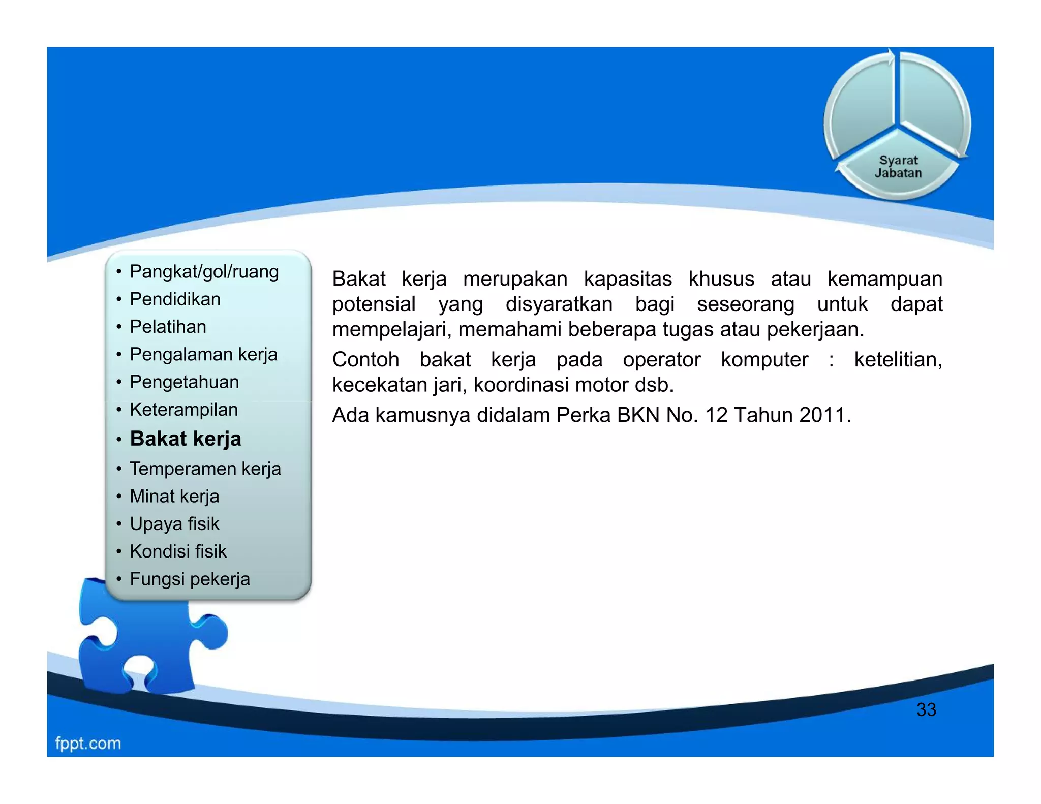 • Pangkat/gol/ruang
• Pendidikan
• Pelatihan
• Pengalaman kerja
• Pengetahuan
• Keterampilan
• Bakat kerja
• Temperamen kerja
• Minat kerja
• Upaya fisik
• Kondisi fisik
• Fungsi pekerja
Bakat kerja merupakan kapasitas khusus atau kemampuan
potensial yang disyaratkan bagi seseorang untuk dapat
mempelajari, memahami beberapa tugas atau pekerjaan.
Contoh bakat kerja pada operator komputer : ketelitian,
kecekatan jari, koordinasi motor dsb.
Ada kamusnya didalam Perka BKN No. 12 Tahun 2011.
• Pangkat/gol/ruang
• Pendidikan
• Pelatihan
• Pengalaman kerja
• Pengetahuan
• Keterampilan
• Bakat kerja
• Temperamen kerja
• Minat kerja
• Upaya fisik
• Kondisi fisik
• Fungsi pekerja
Bakat kerja merupakan kapasitas khusus atau kemampuan
potensial yang disyaratkan bagi seseorang untuk dapat
mempelajari, memahami beberapa tugas atau pekerjaan.
Contoh bakat kerja pada operator komputer : ketelitian,
kecekatan jari, koordinasi motor dsb.
Ada kamusnya didalam Perka BKN No. 12 Tahun 2011.
33
 