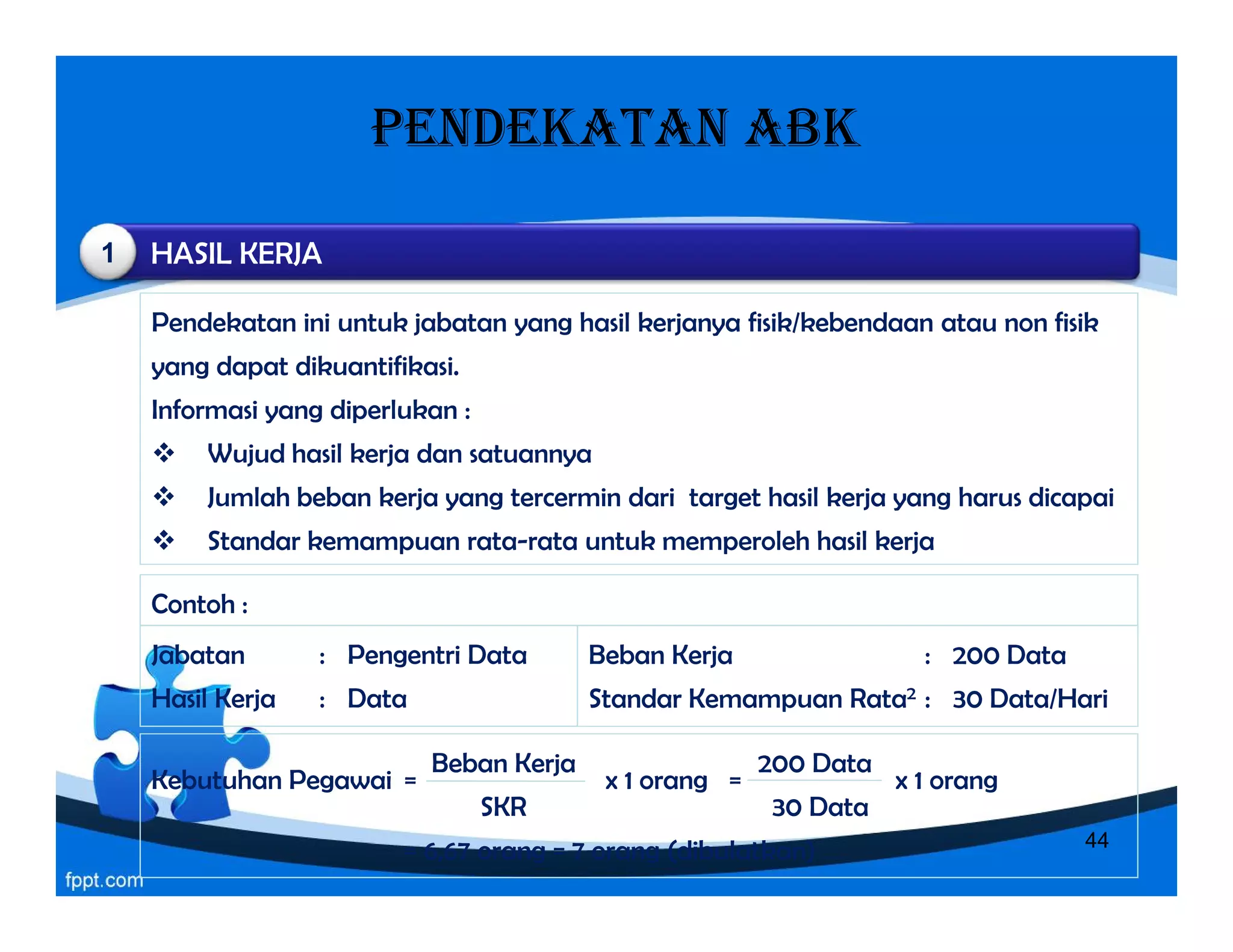PENDEKATAN ABK
Pendekatan ini untuk jabatan yang hasil kerjanya fisik/kebendaan atau non fisik
yang dapat dikuantifikasi.
Informasi yang diperlukan :
 Wujud hasil kerja dan satuannya
 Jumlah beban kerja yang tercermin dari target hasil kerja yang harus dicapai
 Standar kemampuan rata-rata untuk memperoleh hasil kerja
HASIL KERJA1
Pendekatan ini untuk jabatan yang hasil kerjanya fisik/kebendaan atau non fisik
yang dapat dikuantifikasi.
Informasi yang diperlukan :
 Wujud hasil kerja dan satuannya
 Jumlah beban kerja yang tercermin dari target hasil kerja yang harus dicapai
 Standar kemampuan rata-rata untuk memperoleh hasil kerja
Contoh :
Jabatan : Pengentri Data
Hasil Kerja : Data
Beban Kerja : 200 Data
Standar Kemampuan Rata2 : 30 Data/Hari
Beban Kerja 200 Data
SKR 30 Data
= 6,67 orang = 7 orang (dibulatkan)
Kebutuhan Pegawai = x 1 orang = x 1 orang
44
 