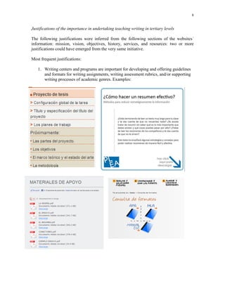 8
Justifications of the importance in undertaking teaching writing in tertiary levels
The following justifications were inferred from the following sections of the websites´
information: mission, vision, objectives, history, services, and resources: two or more
justifications could have emerged from the very same initiative.
Most frequent justifications:
1. Writing centers and programs are important for developing and offering guidelines
and formats for writing assignments, writing assessment rubrics, and/or supporting
writing processes of academic genres. Examples:
 