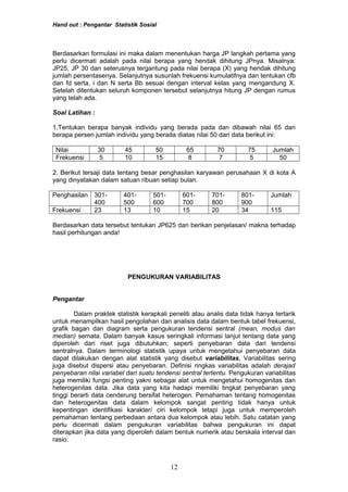 Hand out : Pengantar Statistik Sosial
Berdasarkan formulasi ini maka dalam menentukan harga JP langkah pertama yang
perlu dicermati adalah pada nilai berapa yang hendak dihitung JPnya. Misalnya:
JP25, JP 30 dan seterusnya tergantung pada nilai berapa (X) yang hendak dihitung
jumlah persentasenya. Selanjutnya susunlah frekuensi kumulatifnya dan tentukan cfb
dan fd serta, i dan N serta Bb sesuai dengan interval kelas yang mengandung X.
Setelah ditentukan seluruh komponen tersebut selanjutnya hitung JP dengan rumus
yang telah ada.
Soal Latihan :
1.Tentukan berapa banyak individu yang berada pada dan dibawah nilai 65 dan
berapa persen jumlah individu yang berada diatas nilai 50 dari data berikut ini:
Nilai 30 45 50 65 70 75 Jumlah
Frekuensi 5 10 15 8 7 5 50
2. Berikut tersaji data tentang besar penghasilan karyawan perusahaan X di kota A
yang dinyatakan dalam satuan ribuan setiap bulan.
Penghasilan 301-
400
401-
500
501-
600
601-
700
701-
800
801-
900
Jumlah
Frekuensi 23 13 10 15 20 34 115
Berdasarkan data tersebut tentukan JP625 dan berikan penjelasan/ makna terhadap
hasil perhitungan anda!
PENGUKURAN VARIABILITAS
Pengantar
Dalam praktek statistik kerapkali peneliti atau analis data tidak hanya tertarik
untuk menampilkan hasil pengolahan dan analisis data dalam bentuk tabel frekuensi,
grafik bagan dan diagram serta pengukuran tendensi sentral (mean, modus dan
median) semata. Dalam banyak kasus seringkali informasi lanjut tentang data yang
diperoleh dari riset juga dibutuhkan; seperti penyebaran data dari tendensi
sentralnya. Dalam terminologi statistik upaya untuk mengetahui penyebaran data
dapat dilakukan dengan alat statistik yang disebut variabilitas. Variabilitas sering
juga disebut dispersi atau penyebaran. Definisi ringkas variabilitas adalah derajad
penyebaran nilai variabel dari suatu tendensi sentral tertentu. Pengukuran variabilitas
juga memiliki fungsi penting yakni sebagai alat untuk mengetahui homogenitas dan
heterogenitas data. Jika data yang kita hadapi memiliki tingkat penyebaran yang
tinggi berarti data cenderung bersifat heterogen. Pemahaman tentang homogenitas
dan heterogenitas data dalam kelompok sangat penting tidak hanya untuk
kepentingan identifikasi karakter/ ciri kelompok tetapi juga untuk memperoleh
pemahaman tentang perbedaan antara dua kelompok atau lebih. Satu catatan yang
perlu dicermati dalam pengukuran variabilitas bahwa pengukuran ini dapat
diterapkan jika data yang diperoleh dalam bentuk numerik atau berskala interval dan
rasio.
12
 