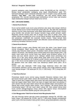 Hand out : Pengantar Statistik Sosial
proporsi pedagang yang berpenghasilan antara Rp.400.000,-s/d Rp. 425.000,-?
Berapa besar penghasilan pedagang yang dapat diklasifikasikan pada 10%
kelompok tertinggi? Untuk menjawab beberapa soal ini mungkin cukup sulit jika tidak
diketahui “raw data” atau data mentahnya. Jika ada asumsi bahwa besar
penghasilan PKL memiliki kecenderungan berdistribusi normal maka soal tersebut
dapat diselesaikan dengan bantuan tabel kurve normal.
CIRI – CIRI KURVE NORMAL
1. Bentuk Kurve Normal
Kurve normal adalah suatu kurve yang terbentuk atas dasar data dengan distribusi
normal. Bentuk kurve normal menyerupai genta atau bel. Jika data kita membentuk
distribusi normal maka kesimpulan yang dapat dikemukakan bahwa jumlah individu
yang memiliki nilai semakin kecil maupun semakin tinggi jumlah semakin sedikit.
Mayoritas individu berada pada nilai di tengah kurva atau di sekitar mean. Satu
catatan bahwa sesungguhnya kurve normal dibuat berdasar pada distribusi teoritis
dari persamaan matematik dan bukanlah kondisi empiris. Tetapi banyak fakta
memperlihatkan bahwa distribusi empiris jika dilakukan secara berulang-ulang akan
cenderung mendekati distribusi normal.
2. Daerah Kurve Normal
Daerah adalah ruangan yang dibatasi oleh kurve dan absis. Luas daerah kurve
normal dinyatakan dalam persen atau proporsi sekaligus menunjukkan jumlah
individu atau frekuensi dalam persen. Dinyatakan dalam persen karena luas daerah
meliputi 100 persen. Jika didirikan poros ordinat pada poros absis dengan jarak 1 SD
diatas mean pada kurve normal maka luas daerah yang dimaksud seluas 34,13
persen dari luas daerah seluruh kurve. Sebagai catatan besar persentase luas
daerah 34,13 dan yang lainnya dapat dilihat pada tabel kurve normal. Data ini
menunjukkan ada sebanyak 34,13 persen jumlah individu yang berada antara mean
dan +1 SD. Kurve normal adalah kurve simetris oleh sebab itu jarak antara M dan 1
SD dibawah mean dan diatas mean luas daerahnya adalah sama yakni; 34,13
persen.
Contoh soal: jika sebanyak 1.000 orang tinggi badannya diukur dan data
menunjukkan distribusi normal; maka jumlah individu yang tinggi badannya antara
mean sampai dengan 1 SD sebanyak 34,13% X 1.000 orang = 341,3 orang atau 341
orang.
3. Tabel Kurve Normal
Persentase daerah kurve normal (yang mewakili frekuensi) diantara mean dan
bermacam-macam jarak dalam satuan SD dicantumkan dalam tabel kurve normal.
Tabel ini terdiri dari 2 bagian besar yakni kolom dan baris yang terletak dibagian atas
tabel dan bagian dalam tabel. Kolom dan baris di bagian atas tebal menunjukkan Z
yakni deviasi nilai dari mean dalam satuan SD dan sebelah dalam menunjukkan luas
daerah atau jumlah individu dalam persen. Jika Z sebesar 1,96 artinya bahwa nilai
menyimpang sejauh 1,96 dari mean dalam satuan SD. Satu catatan bahwa tabel
kurve normal setinggi-tingginya hanya seluas 50% karena hanya menunjukkan
sebelah kurva sementara sebelah yang lain sama yakni 50%.
4. Cara Menggunakan Tabel Kurve Normal Untuk Menyelesaikan Soal
Jika ada informasi bahwa rata-rata (mean) penghasilan sebesar Rp. 450.000,- tiap
bulan; harga 1 SD sebesar Rp. 25.000,- dan N = 1.000 orang. Dengan mendasarkan
pada 3 jenis informasi tersebut maka jumlah individu yang berpenghasilan antara Rp.
15
 