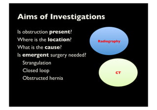 Aims of Investigations	

Is obstruction present?	

Where is the location?	

What is the cause?	

Is emergent surgery needed?	

	

Strangulation	

	

Closed loop	

	

Obstructed hernia	

Radiography	

CT	

 
