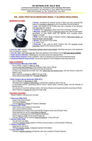 1
Life And Works of Dr. Jose P. Rizal
Licensure Examination for Teachers (LET) Handout Reviewer
Prepared and Compiled by: Mr. Rhey Mark H. Diaz, MAEd TSS (candidate)
BSEd Social Studies, Lic. No. 1334242, Exp. June 2020
DR. JOSE PROTACIO MERCADO RIZAL Y ALONZO REALONDA
MEANINGS OF NAME
 Doctor- completed his medical course in Spain and was conferred the
degree of Licentiate in Medicine by the Universidad Central de Madrid
 Jose- was chosen by his mother who was a devotee of the Christian
saint San Jose (St. Joseph)
 Protacio- from Gervacio P. which come from a Christian calendar
 Mercado- adopted in 1731 by Domingo Lamco (the paternal great-great-
grandfather of Jose Rizal) which the Spanish term mercado means
‘market’ in English
 Rizal- from the word ‘Ricial’ in Spanish means a field where wheat, cut
while still green, sprouts again
 Alonzo- old surname of his mother
 Y- means “and”
 Realonda- it was used by Doña Teodora from the surname of her
godmother based on the culture by that time
 June 19, 1861- moonlit of Wednesday between eleven and midnight Jose Rizal was born in the lakeshore
town of Calamba, Laguna
 June 22, 1861- aged three days old, Rizal was baptized in the Catholic church (157 year old as of 2018)
 Father Rufino Collantes- a Batangueño, the parish priest who baptized Rizal
 Father Pedro Casanas- Rizal’s godfather, native of Calamba and close friend of the Rizal family
 Lieutenant-General Jose Lemery- the governor general of the Philippines when Rizal was born
RIZAL’S PARENTS
Don Francisco Mercado (1818-1898)
-born in Biñan, Laguna on May 11, 1818
-studied Latin and Philosophy at the College of San Jose in Manila
-became a tenant-farmer of the Dominican-owned hacienda
-a hardy and independent-minded man, who talked less and worked more, and was strong in body and
valiant in spirit
-died in Manila on January 5, 1898 at the age of 80
-Rizal affectionately called him “a model of fathers”
Doña Teodora Alonso Realonda (1826-1911)
-born in Manila on November 8, 1826
-educated at the College of Santa Rosa, a well-known college for girls in the city
-a remarkable woman, possessing refined culture, literary talent, business ability, and the fortitude of
Spartan women
-is a woman of more than ordinary culture: she knows literature and speaks Spanish (according to Rizal)
-died in Manila on August 16, 1911 at the age of 85
THE RIZAL CHILDREN
-Eleven children—two boys and nine girls
1. Saturnina (1850-1913)
-oldest of the Rizal children
-nicknamed Neneng
-married Manuel T. Hidalgo of Tanawan, Batangas
2. Paciano (1851-1930)
-older brother and confident of Jose Rizal
-was a second father to Rizal
-immortalized him in Rizal’s first novel Noli Me Tangere as the wise Pilosopo Tasio
-Rizal regarded him as the “most noble of Filipinos”
-became a combat general in the Philippine Revolution
-died on April 13, 1930, an old bachelor aged 79
-had two children by his mistress (Severina Decena)—a boy and a girl
3. Narcisa (1852-1939)
-her pet name was Sisa
-married to Antonio Lopez (nephew of Father Leoncio Lopez), a school teacher of Morong
4. Olimpia (1855-1887)
-Ypia was her pet name
-married Silvestre Ubaldo, a telegraph operator from Manila
5. Lucia (1857-1919)
-married to Mariano Herbosa of Calamba, who was a nephew of Father Casanas
 