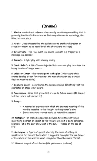 (Drama) 
1. Allusion - an indirect reference by casually mentioning something that is 
generally familiar (In literature we find many allusions to mythology, the 
Bible, history, etc.) 
2. Aside - Lines whispered to the audience or to another character on 
stage (not meant to be heard by all the characters on stage) 
3. Catastrophe - the final event in a drama (a death in a tragedy or a 
marriage in a comedy) 
4. Comedy - A light play with a happy ending 
5. Comic Relief - A bit of humor injected into a serious play to relieve the 
heavy tension of tragic events 
6. Crisis or Climax - the turning point in the plot (This occurs when 
events develop either for or against the main character and a crucial 
decision must be made.) 
7. Dramatic Irony - occurs when the audience knows something that the 
character on stage is not aware. 
8. Foreshadow - Lines that give a hint or clue to future events (It doesn't 
tell the future but hints at it.) 
9. Irony - 
· A method of expression in which the ordinary meaning of the 
word is opposite to the thought in the speaker's mind 
· Events contrary to what would be naturally expected 
10. Metaphor - an implied comparison between two different things; 
identifying a person or object as the thing to which it is being compared. 
Example: 'It is the East and Juliet is the sun.' - 'tossed on the sea of 
life' 
11. Metonymy - a figure of speech whereby the name of a thing is 
substituted for the attribute which it suggests. Example: The pen (power 
of literature or the written word) is mightier than the sword (force). 
12. Nemesis - agent of retribution (the person who punishes) 
29 
 