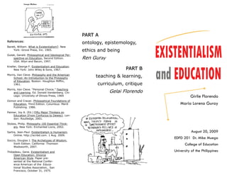 PART A
References:
                                                    ontology, epistemology,
Barett, William. What is Existentialism?. New
    York: Grove Press, Inc. 1965.                   ethics and being
Gutek, Gerald. Philosophical and Ideological Per-
    spective on Education, Second Edition.          Ren Guray
    USA: Allyn and Bacon, 1997.

Kneller, George F. Existentialism and Education.
     New York: John Wiley & Sons, 1967.                                PART B
Morris, Van Cleve. Philosophy and the American
     School: An Introduction to the Philosophy
                                                         teaching & learning,
     of Education. Boston: Houghton Mifflin,
     1961.                                                curriculum, critique
Morris, Van Cleve. “Personal Choice.” Teaching
     and Learning. Ed. Donald Vandenberg. Chi-                  Gelai Florendo
     cago: University of Illinois Press, 1969                                              Girlie Florendo
Ozmon and Craver. Philosophical Foundations of
   Education, Third Edition. Columbus: Merill                                       Maria Lorena Guray
   Publishing. 1986.

Palmer, Joy A. (Ed.) Fifty Major Thinkers on
    Education (From Confucius to Dewey). Lon-
    don: Routledge, 2001.

Stokes, Philip. Philosophy 100 Essential Think-
    ers. New York: Enchanted Lions, 2002.

Sartre, Jean-Paul. Existentialism is Humanism.                                              August 20, 2009
     Online. http://scribd.com. 1 Aug. 2009.
                                                                                 EDFD 201 Dr. Mike Muega
Soccio, Douglas J. The Archetypes of Wisdom,
     Sixth Edition. California: Thomson                                                 College of Education
     Wadsworth, 2007.

Thibadeau, Gene. Existentialism and                                              University of the Philippines
     Open Education: Divorce
     American Style. Paper pre-
     sented at the National Confer-
     ence American of the Educa-
     tional Studies Association,. San
     Francisco, October 31, 1975.
 