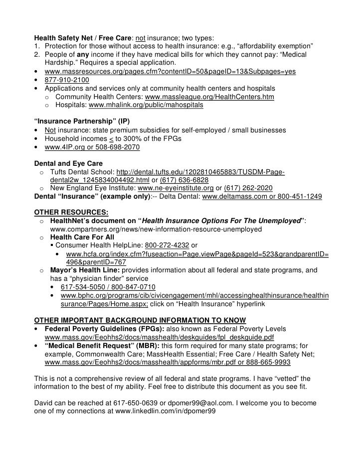 My Handout For A Workshop On Massachusetts Health Insurance Options A