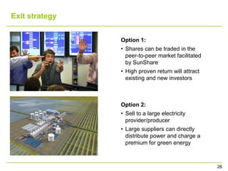Exit strategy


                Option 1:
                • Shares can be traded in the
                  peer-to-peer market facilitated
                  by SunShare
                • High proven return will attract
                  existing and new investors



                Option 2:
                • Sell to a large electricity
                  provider/producer
                • Large suppliers can directly
                  distribute power and charge a
                  premium for green energy



                                                    26
 