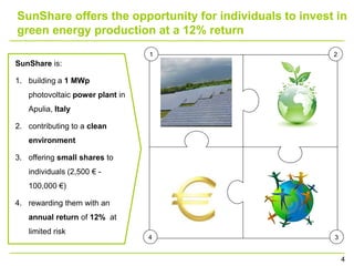 SunShare offers the opportunity for individuals to invest in
green energy production at a 12% return
                                 1                       2
SunShare is:

1. building a 1 MWp
   photovoltaic power plant in
   Apulia, Italy

2. contributing to a clean
   environment

3. offering small shares to
   individuals (2,500 € -
   100,000 €)

4. rewarding them with an
   annual return of 12% at
   limited risk
                                 4                       3


                                                             4
 