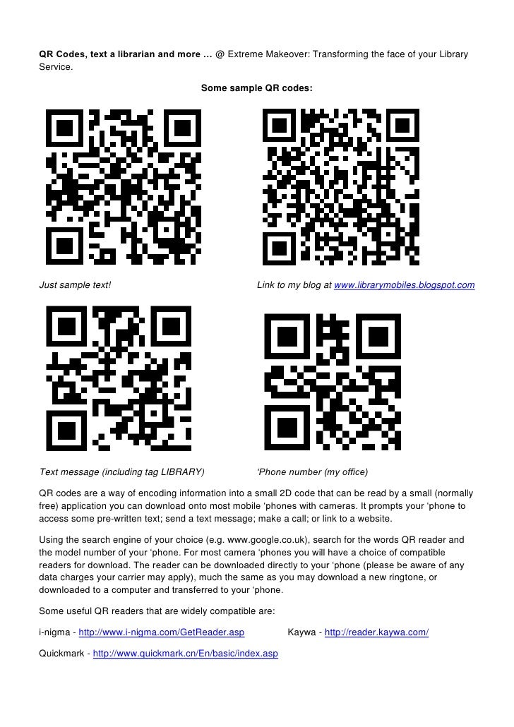 Handout for QR codes, text a librarian and more...