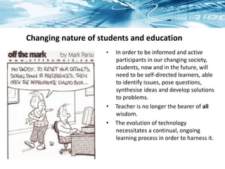 Changing nature of students and education
• In order to be informed and active
participants in our changing society,
students, now and in the future, will
need to be self-directed learners, able
to identify issues, pose questions,
synthesise ideas and develop solutions
to problems.
• Teacher is no longer the bearer of all
wisdom.
• The evolution of technology
necessitates a continual, ongoing
learning process in order to harness it.
 