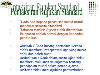 Pentaksiran Rujukan Standard Tiada had kepada peratusan murid untuk  mencapai sesuatu standard Taburan markah / gred tidak ditetapkan Pelaporan adalah serasi dengan kehendak  pendidikan Markah / Gred kurang bermakna kerana  tidak memberi interpretasi apa yang murid  tahu dan boleh buat Kedudukan / Rank dalam suatu ujian tidak  memberi maklumat selanjutnya tentang  pencapaian murid dalam pembelajaran Kriteria tidak menunjukkan pertumbuhan 