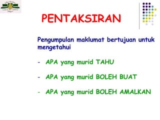 PENTAKSIRAN Pengumpulan maklumat bertujuan untuk mengetahui APA yang murid TAHU APA yang murid BOLEH BUAT APA yang murid BOLEH AMALKAN 