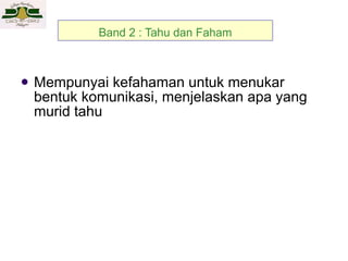 Band 2 : Tahu dan Faham Mempunyai kefahaman untuk menukar bentuk komunikasi, menjelaskan apa yang murid tahu 
