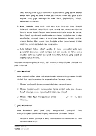 atau menunjukkan layout keseluruhan suatu tempat yang belum dikenal
       tanpa harus pergi ke sana. Contoh peta umum adalah peta jalan suatu
       negara       yang   juga    menunjukkan    kota   besar,   pegunungan,      sungai,
       landmark dan lain-lain.


    b. Peta tematik, yang terdiri dari satu atau beberapa tema dengan
       informasi yang lebih dalam/detail. Peta tematik juga dapat menunjukkan
       hampir semua jenis informasi yang beragam dari satu tempat ke tempat
       lain. Contoh peta tematik adalah peta penyebaran penduduk atau tingkat
       penghasilan menurut negara, propinsi atau kabupaten, dengan masing-
       masing bagian diberi warna yang berbeda untuk menunjukkan tingkat
       relativitas jumlah penduduk atau penghasilan.


    c. Peta kategori ketiga adalah grafik, di mana keakuratan peta rute
       perjalanan digunakan untuk navigasi laut dan udara. Ini harus sering
       diupdate sehingga kapten atau pilot mengetahui bahaya yang terjadi di
       sepanjang rute mereka.


Berdasarkan metode pembuatannya, peta dibedakan menjadi peta kualitatif dan
peta kuantitatif.


   Peta Kualitatif


    Peta kualitatif adalah peta yang digambarkan dengan menggunakan simbol-
    simbol. Tiga metode penggambaran peta kualitatif sebagai berikut.


    1) Metode korokonatif dengan meggaris tipis dan memberi warna


    2) Metode korokomenatik menggunakan tanda simbol pada peta dengan
       huruf, misalnya pohon, manusia,, biji-bijian atau mineral.


    3) Metode indek figur menggunakan simbol ------------,+++++++, atau
       vvvvvvv.


   peta kuantitatif


    Peta   kuantitatif     yaitu    peta   yang    menggunakan       garis-garis     yang
    menghubungkan daerah-daerah yang mempunyai kesamaan. Contoh :


    1) Isotherm adalah garis-garis yang menghubungkan daerah-daerah yang
       sama temperaturnya.


Materi Kuliah                                                                          14
GG401 Kartografi
 