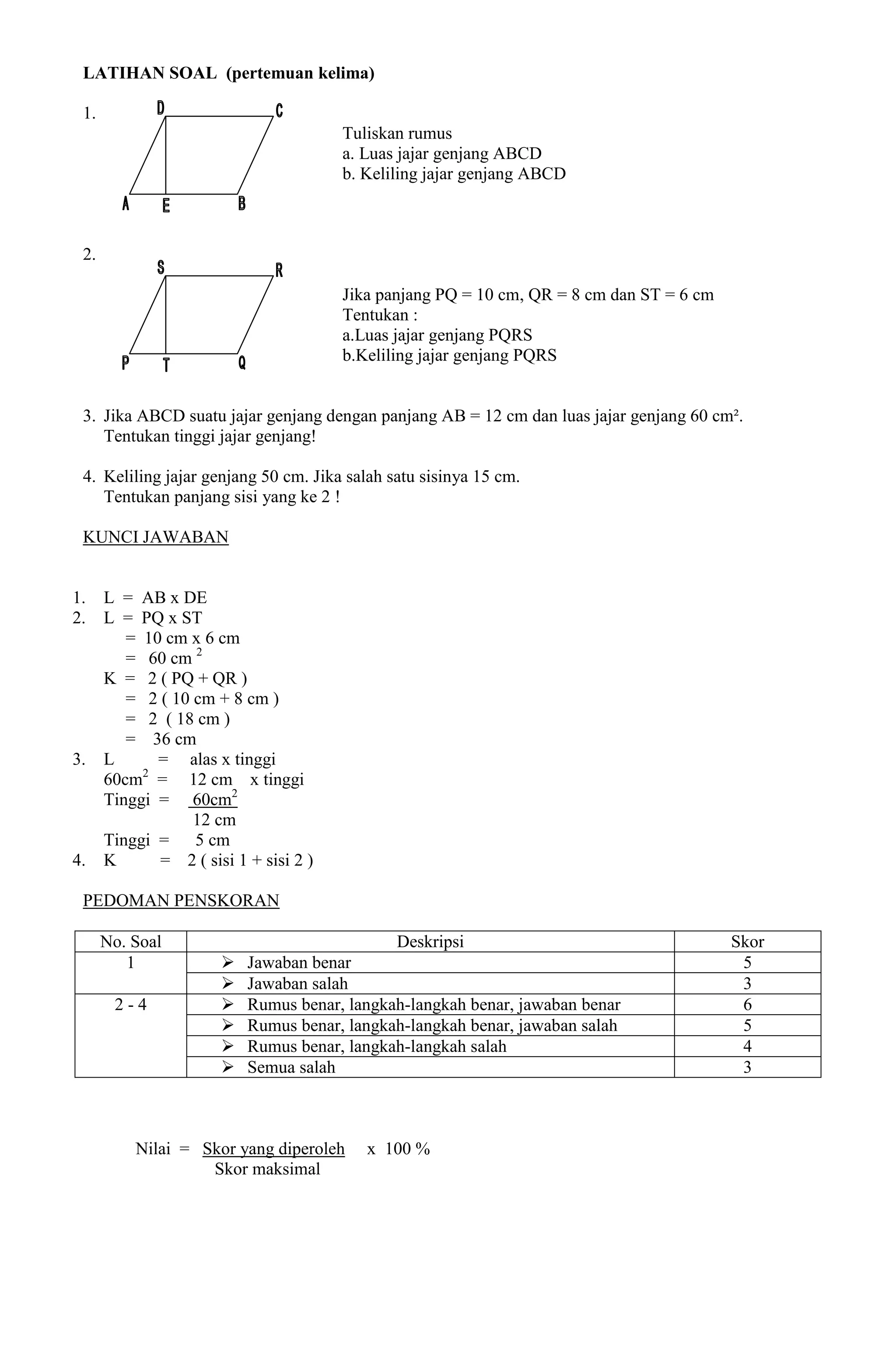 LATIHAN SOAL (pertemuan kelima)

 1.
                                       Tuliskan rumus
                                       a. Luas jajar genjang ABCD
                                       b. Keliling jajar genjang ABCD



 2.

                                       Jika panjang PQ = 10 cm, QR = 8 cm dan ST = 6 cm
                                       Tentukan :
                                       a.Luas jajar genjang PQRS
                                       b.Keliling jajar genjang PQRS


 3. Jika ABCD suatu jajar genjang dengan panjang AB = 12 cm dan luas jajar genjang 60 cm².
    Tentukan tinggi jajar genjang!

 4. Keliling jajar genjang 50 cm. Jika salah satu sisinya 15 cm.
    Tentukan panjang sisi yang ke 2 !

 KUNCI JAWABAN


1.    L = AB x DE
2.    L = PQ x ST
         = 10 cm x 6 cm
         = 60 cm 2
      K = 2 ( PQ + QR )
         = 2 ( 10 cm + 8 cm )
         = 2 ( 18 cm )
         = 36 cm
3.    L      = alas x tinggi
           2
      60cm = 12 cm x tinggi
      Tinggi = 60cm2
                  12 cm
      Tinggi =    5 cm
4.    K      = 2 ( sisi 1 + sisi 2 )

 PEDOMAN PENSKORAN

      No. Soal                                Deskripsi                                   Skor
         1               Jawaban benar                                                    5
                         Jawaban salah                                                    3
       2-4               Rumus benar, langkah-langkah benar, jawaban benar                6
                         Rumus benar, langkah-langkah benar, jawaban salah                5
                         Rumus benar, langkah-langkah salah                               4
                         Semua salah                                                      3



          Nilai = Skor yang diperoleh     x 100 %
                   Skor maksimal
 