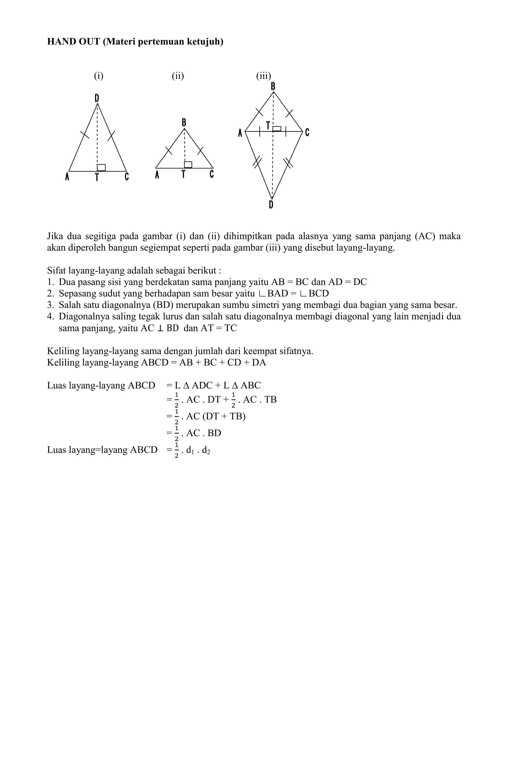 HAND OUT (Materi pertemuan ketujuh)


           (i)               (ii)                 (iii)




Jika dua segitiga pada gambar (i) dan (ii) dihimpitkan pada alasnya yang sama panjang (AC) maka
akan diperoleh bangun segiempat seperti pada gambar (iii) yang disebut layang-layang.

Sifat layang-layang adalah sebagai berikut :
1. Dua pasang sisi yang berdekatan sama panjang yaitu AB = BC dan AD = DC
2. Sepasang sudut yang berhadapan sam besar yaitu ∟BAD = ∟BCD
3. Salah satu diagonalnya (BD) merupakan sumbu simetri yang membagi dua bagian yang sama besar.
4. Diagonalnya saling tegak lurus dan salah satu diagonalnya membagi diagonal yang lain menjadi dua
   sama panjang, yaitu AC        dan AT = TC

Keliling layang-layang sama dengan jumlah dari keempat sifatnya.
Keliling layang-layang ABCD = AB + BC + CD + DA

Luas layang-layang ABCD     = L ∆ ADC + L ∆ ABC
                            = . AC . DT + . AC . TB
                            = . AC (DT + TB)
                            = . AC . BD
Luas layang=layang ABCD = . d1 . d2
 