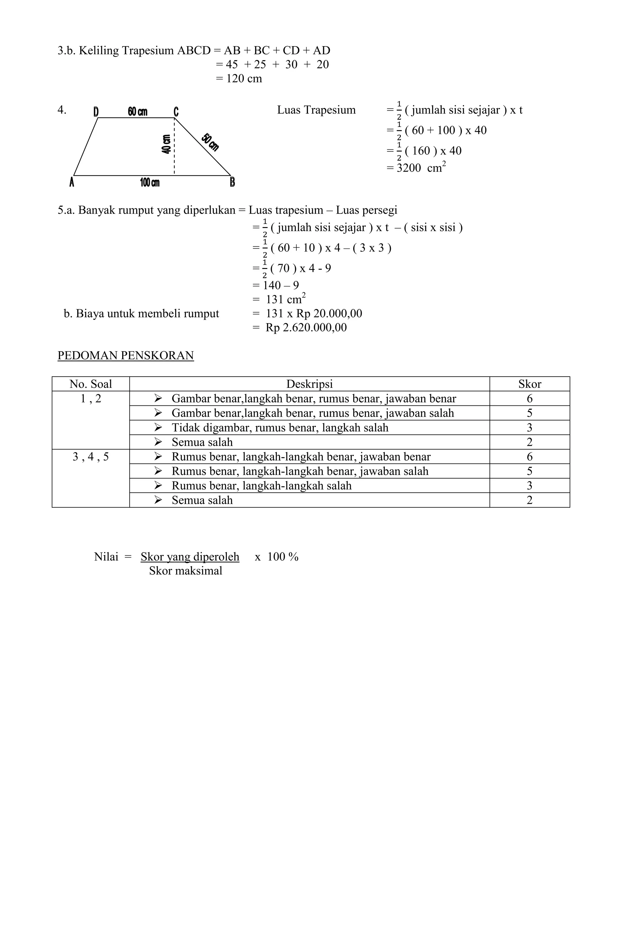 3.b. Keliling Trapesium ABCD = AB + BC + CD + AD
                             = 45 + 25 + 30 + 20
                             = 120 cm

4.                                            Luas Trapesium         = ( jumlah sisi sejajar ) x t
                                                                     = ( 60 + 100 ) x 40
                                                                     = ( 160 ) x 40
                                                                     = 3200 cm2


5.a. Banyak rumput yang diperlukan = Luas trapesium – Luas persegi
                                      = ( jumlah sisi sejajar ) x t – ( sisi x sisi )
                                        = ( 60 + 10 ) x 4 – ( 3 x 3 )
                                        = ( 70 ) x 4 - 9
                                        = 140 – 9
                                        = 131 cm2
 b. Biaya untuk membeli rumput          = 131 x Rp 20.000,00
                                        = Rp 2.620.000,00

PEDOMAN PENSKORAN

     No. Soal                                Deskripsi                                           Skor
      1,2              Gambar benar,langkah benar, rumus benar, jawaban benar                    6
                       Gambar benar,langkah benar, rumus benar, jawaban salah                    5
                       Tidak digambar, rumus benar, langkah salah                                3
                       Semua salah                                                               2
     3,4,5             Rumus benar, langkah-langkah benar, jawaban benar                         6
                       Rumus benar, langkah-langkah benar, jawaban salah                         5
                       Rumus benar, langkah-langkah salah                                        3
                       Semua salah                                                               2



         Nilai = Skor yang diperoleh     x 100 %
                  Skor maksimal
 