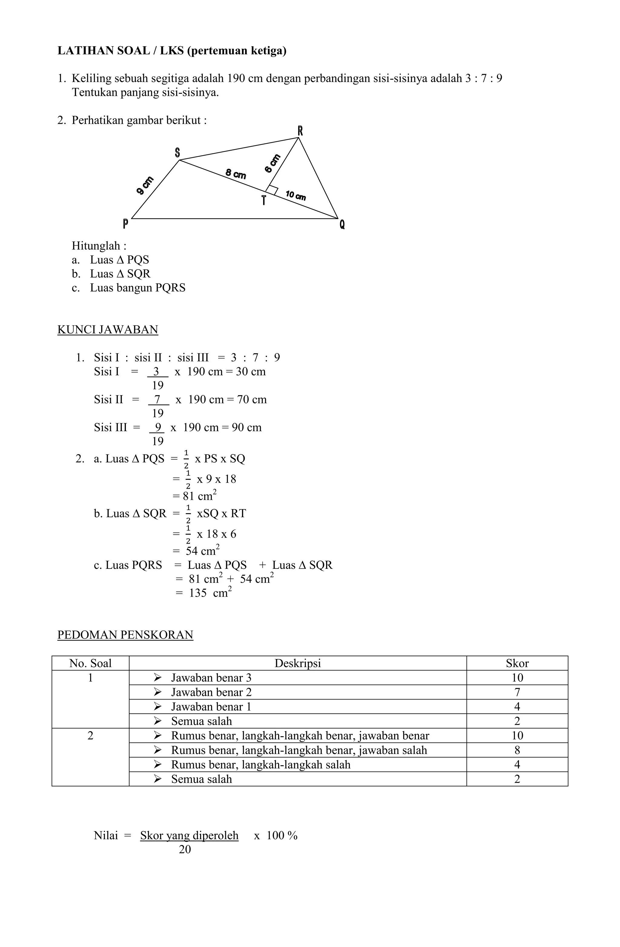 LATIHAN SOAL / LKS (pertemuan ketiga)

1. Keliling sebuah segitiga adalah 190 cm dengan perbandingan sisi-sisinya adalah 3 : 7 : 9
   Tentukan panjang sisi-sisinya.

2. Perhatikan gambar berikut :




  Hitunglah :
  a. Luas ∆ PQS
  b. Luas ∆ SQR
  c. Luas bangun PQRS


KUNCI JAWABAN

   1. Sisi I : sisi II : sisi III = 3 : 7 : 9
      Sisi I = 3 x 190 cm = 30 cm
                   19
      Sisi II = 7 x 190 cm = 70 cm
                   19
      Sisi III = 9 x 190 cm = 90 cm
                   19
   2. a. Luas ∆ PQS = x PS x SQ
                        = x 9 x 18
                        = 81 cm2
          b. Luas ∆ SQR = xSQ x RT
                       = x 18 x 6
                       = 54 cm2
          c. Luas PQRS = Luas ∆ PQS + Luas ∆ SQR
                       = 81 cm2 + 54 cm2
                       = 135 cm2


PEDOMAN PENSKORAN

  No. Soal                                  Deskripsi                                         Skor
     1                  Jawaban benar 3                                                       10
                        Jawaban benar 2                                                        7
                        Jawaban benar 1                                                        4
                        Semua salah                                                            2
      2                 Rumus benar, langkah-langkah benar, jawaban benar                     10
                        Rumus benar, langkah-langkah benar, jawaban salah                      8
                        Rumus benar, langkah-langkah salah                                     4
                        Semua salah                                                            2



          Nilai = Skor yang diperoleh   x 100 %
                         20
 