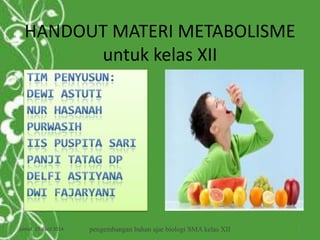 HANDOUT MATERI METABOLISME
untuk kelas XII
Jumat, 25 April 2014 pengembangan bahan ajar biologi SMA kelas XII 1
 