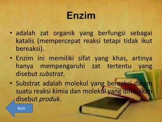 Enzim
• adalah zat organik yang berfungsi sebagai
katalis (mempercepat reaksi tetapi tidak ikut
bereaksi).
• Enzim ini memiliki sifat yang khas, artinya
hanya mempengaruhi zat tertentu yang
disebut substrat.
• Substrat adalah molekul yang bereaksi dalam
suatu reaksi kimia dan molekul yang dihasilkan
disebut produk.
Jumat, 25 April 2014
pengembangan bahan ajar biologi SMA
kelas XII
4
Back
 