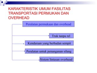 KARAKTERISTIK UMUM FASILITAS
TRANSPORTASI PERMUKAN DAN
OVERHEAD
Peralatan permukaan dan overhead

Truk tanpa rel
Kendaraan yang berbadan sempit
Peralatan untuk penanganan silang
Sistem lintasan overhead

 