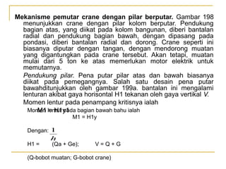 Mekanisme pemutar crane dengan pilar berputar. Gambar 198
menunjukkan crane dengan pilar kolom berputar. Pendukung
bagian atas, yang diikat pada kolom bangunan, diberi bantalan
radial dan pendukung bagian bawah, dengan dipasang pada
pondasi, diberi bantalan radial dan dorong. Crane seperti ini
biasanya diputar dengan tangan, dengan mendorong muatan
yang digantungkan pada crane tersebut. Akan tetapi, muatan
mulai dari 5 ton ke atas memerlukan motor elektrik untuk
memutarnya.
Pendukung pilar. Pena putar pilar atas dan bawah biasanya
diikat pada pemegangnya. Salah satu desain pena putar
bawahditunjukkan oleh gambar 199a. bantalan ini mengalami
lenturan akibat gaya horisontal H1 tekanan oleh gaya vertikal V.
Momen lentur pada penampang kritisnya ialah
Momen lentur pada bagian bawah bahu ialah
M1 = H1y1
M1 = H1y
Dengan: 1
H1 =

h

(Qa + Ge);

V=Q+G

(Q-bobot muatan; G-bobot crane)

 
