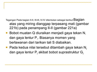 Tegangan Pada bagian II-II, III-III, IV-IV ditentukan sebagai berikut:Bagian





atas yang miring dianggap terpasang mati (gambar
221b) pada penampang II-II (gambar 221a)
Bobot muatan Q diuraikan menjadi gaya tekan N1
dan gaya lentur P1. Biasanya momen yang
berlawanan dari tarikan tali S diabaikan.
Pada kedua nilai tersebut ditambah gaya tekan N2
dan gaya lentur P2 akibat bobot suprastruktur G2

 