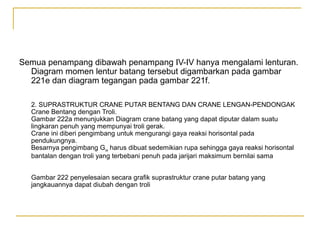 Semua penampang dibawah penampang IV-IV hanya mengalami lenturan.
Diagram momen lentur batang tersebut digambarkan pada gambar
221e dan diagram tegangan pada gambar 221f.
2. SUPRASTRUKTUR CRANE PUTAR BENTANG DAN CRANE LENGAN-PENDONGAK
Crane Bentang dengan Troli.
Gambar 222a menunjukkan Diagram crane batang yang dapat diputar dalam suatu
lingkaran penuh yang mempunyai troli gerak.
Crane ini diberi pengimbang untuk mengurangi gaya reaksi horisontal pada
pendukungnya.
Besarnya pengimbang Gcw harus dibuat sedemikian rupa sehingga gaya reaksi horisontal
bantalan dengan troli yang terbebani penuh pada jarijari maksimum bernilai sama
Gambar 222 penyelesaian secara grafik suprastruktur crane putar batang yang
jangkauannya dapat diubah dengan troli

 