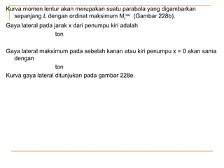 Kurva momen lentur akan merupakan suatu parabola yang digambarkan
sepanjang L dengan ordinat maksimum Mqmaks (Gambar 228b).
Gaya lateral pada jarak x dari penumpu kiri adalah
ton
Gaya lateral maksimum pada sebelah kanan atau kiri penumpu x = 0 akan sama
dengan
ton
Kurva gaya lateral ditunjukan pada gambar 228e.

 