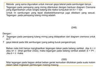 Metode yang sama digunakan untuk mencari gaya lateral pada sambungan lainya.
Tegangan pada penopang yang miring ditentukan dengan bantuan diagram Cremona
yang digambarkan untuk rangka batang bila reaksi tumpukan kiri A = 1 ton
Untuk ini sambungan yang tepat disebelahkanannya juga dibebani yang sesuai.
Tegangan pada penopang tulang miring adalah

(248)
Dengan :
F Tegangan pada penopang tulang miring yang didapatkan dari diagram cremona untuk
A=1
T gaya lateral pada titik sambungan (yang paling buruk pengaruhnya).
Beban roda troli hanya menghasilkan tegangan tekan pada batang vertikal. Jika b = λ
atau b> λ (lihat gambar 232a), maka tegangan pada batang vertikal adalah S = P1 ;
Jika b < λ maka
(350)
Nilai tegangan pada bagian akibat beban gerak kemudian dituliskan pada suatu kolom
dalam tabel ringkasan perhitungan masing-masing.

 