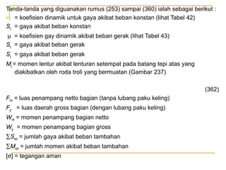 Tanda-tanda yang diguanakan rumus (253) sampai (360) ialah sebagai berikut :
ψ
= koefisien dinamik untuk gaya akibat beban konstan (lihat Tabel 42)
Sq = gaya akibat beban konstan
µ = koefisien gay dinamik akibat beban gerak (lihat Tabel 43)
Sp = gaya akibat beban gerak
Sp = gaya akibat beban gerak
Mp = momen lentur akibat lenturan setempat pada batang tepi atas yang
diakibatkan oleh roda troli yang bermuatan (Gambar 237)
(362)
Fnet = luas penampang netto bagian (tanpa lubang paku keling)
Fgr = luas daerah gross bagian (dengan lubang paku keling)
Wnet = momen penampang bagian netto
Wgr = momen penampang bagian gross
∑Sadd = jumlah gaya akibat beban tambahan
∑Madd = jumlah momen akibat beban tambahan
[σ] = tegangan aman

 