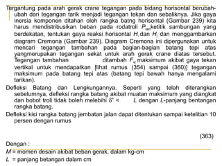 Tergantung pada arah gerak crane tegangan pada bidang horisontal berubahubah dari tegangan tarik menjadi tegangan tekan dan sebaliknya. Jika gaya
inersia komponen ditahan oleh rangka batng horisontal (Gambar 239) kita
harus mendistribusikan beban pada rodatroli Pdalamketitik sambungan yang
berdekatan, tentukan gaya reaksi horisontal H1 dan H2 dan menggambarkan
diagram Cremona (Gambar 239). Diagram Cremona ini dipergunakan untuk
mencari tegangan tambahan pada bagian-bagian batang tepi atas
yangmerupakan tegangan sekat untuk arah gerak crane diatas tersebut.
Tegangan tambahan
ditambah Fnet maksimum akibat gaya tekan
vertikal untuk mendapatkan [lihat rumus (354) sampai (360)] tegangan
maksimum pada batang tepi atas (batang tepi bawah hanya mengalami
tarikan).
Defleksi Batang dan Lengkungannya. Seperti yang telah diterangkan
sebelumnya, defleksi rangka batang akibat muatan maksimum yang diangkat
dan bobot troli tidak boleh melebihi δ” <
L dengan L-panjang bentangan
rangka batang.
Defleksi kisi rangka batang jembatan jalan dapat ditentukan sampai ketelitian 10
persen dengan rumus
(363)
Dengan :
M = momen desain akibat beban gerak, dalam kg-cm
L = panjang betangan dalam cm

 