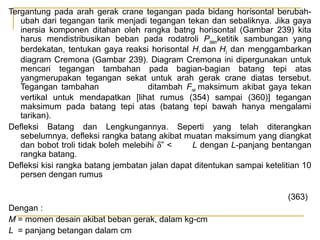 Tergantung pada arah gerak crane tegangan pada bidang horisontal berubahubah dari tegangan tarik menjadi tegangan tekan dan sebaliknya. Jika gaya
inersia komponen ditahan oleh rangka batng horisontal (Gambar 239) kita
harus mendistribusikan beban pada rodatroli Pdalamketitik sambungan yang
berdekatan, tentukan gaya reaksi horisontal H1 dan H2 dan menggambarkan
diagram Cremona (Gambar 239). Diagram Cremona ini dipergunakan untuk
mencari tegangan tambahan pada bagian-bagian batang tepi atas
yangmerupakan tegangan sekat untuk arah gerak crane diatas tersebut.
Tegangan tambahan
ditambah Fnet maksimum akibat gaya tekan
vertikal untuk mendapatkan [lihat rumus (354) sampai (360)] tegangan
maksimum pada batang tepi atas (batang tepi bawah hanya mengalami
tarikan).
Defleksi Batang dan Lengkungannya. Seperti yang telah diterangkan
sebelumnya, defleksi rangka batang akibat muatan maksimum yang diangkat
dan bobot troli tidak boleh melebihi δ” <
L dengan L-panjang bentangan
rangka batang.
Defleksi kisi rangka batang jembatan jalan dapat ditentukan sampai ketelitian 10
persen dengan rumus
(363)
Dengan :
M = momen desain akibat beban gerak, dalam kg-cm
L = panjang betangan dalam cm

 