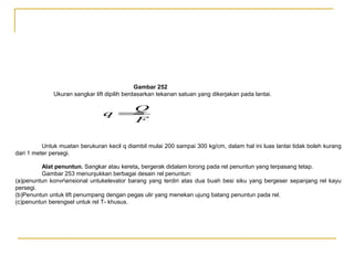 Gambar 252
Ukuran sangkar lift dipilih berdasarkan tekanan satuan yang dikerjakan pada lantai.

Q
q =
F
Untuk muatan berukuran kecil q diambil mulai 200 sampai 300 kg/cm, dalam hal ini luas lantai tidak boleh kurang
dari 1 meter persegi.
Alat penuntun. Sangkar atau kereta, bergerak didalam lorong pada rel penuntun yang terpasang tetap.
Gambar 253 menunjukkan berbagai desain rel penuntun:
(a)penuntun konvrensional untukelevator barang yang terdiri atas dua buah besi siku yang bergeser sepanjang rel kayu
persegi.
(b)Penuntun untuk lift penumpang dengan pegas ulir yang menekan ujung batang penuntun pada rel.
(c)penuntun berengsel untuk rel T- khusus.

 