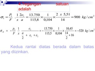 4.Tegangan
adalah

satuan

2 x 5,51
P 1 2e1 13.750
1
1
σ1 =
.
=
×
×
= 900 kg / cm 2
F x a
115,8 0,104
14

σ II

p1 1
e2
13.750
1
10,45
= −
=−
×
×
= − 520 kg / cm 2
F x a
115,5 0,104 14
+ e1 + e2
+ 16
2
2

Kedua rantai diatas berada dalam batas
yang diizinkan.

 