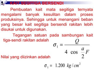 5.

KAIT SEGITIGA BERSENDI
Pembuatan kait mata segitiga ternyata
mengalami banyak kesulitan dalam proses
produksinya. Sehingga untuk menangani beban
yang besar kait segitiga bersendi rakitan lebih
disukai untuk digunakan.
Tegangan satuan pada sambungan kait
tiga-sendi rakitan adalah
Q

σ1 =

Nilai yang diizinkan adalah

a
4 cos F
2

σ 1 = 1.200 kg / cm

2

 