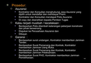    Prosedur:
       Asuransi:
           Kontraktor dan Konsultan menghubungi Jasa Asuransi yang
            dipilih untuk mendaftar dan membayar Premi.
           Kontraktor dan Konsultan mendapat Polis Asuransi.
           Di copy dan diserahkan kepada Pemberi Tugas
       Kalau terjadi musibah / kecelakaan :
           Berdasarkan Polis ditambah keterangan pekerjaan konstruksi
            dan pihak berwenang.
           Diajukan ke Perusahaan Asuransi dan
           Dibayar.
       Garansi :
           Berdasarkan surat undangan, Kontraktor memberikan Jaminan
            Tender.
           Berdasarkan Surat Pemenang dan Kontrak, Kontraktor
            memberikan Jaminan Uang Muka.
           Berdasarkan Surat Pemenang dan Kontrak, Kontraktor
            memberikan Jaminan Pelaksanaan.
           Berdasarkan Surat PHO, Kontraktor memberikan Jaminan
            Pemeliharaan.                                            100
 