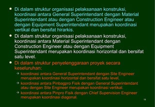    Di dalam struktur organisasi pelaksanaan konstruksi,
    koordinasi antara General Superintendant dengan Material
    Superintendant atau dengan Construction Engineer atau
    dengan Equipment Superintendant merupakan koordinasi
    vertikal dan bersifat hirarkis.
   Di dalam struktur organisasi pelaksanaan konstruksi,
    koordinasi antara Material Superintendant dengan
    Construction Engineer atau dengan Equipment
    Superintendant merupakan koordinasi horizontal dan bersifat
    satu level.
   Di dalam struktur penyelenggaraan proyek secara
    keseluruhan:
       koordinasi antara General Superintendant dengan Site Engineer
        merupakan koordinasi horizontal dan bersifat satu level,
       koordinasi antara Pinbagpro Fisik dengan General Superintendant
        atau dengan Site Engineer merupakan koordinasi vertikal.
       koordinasi antara Pinpro Fisik dengan Chief Supervision Engineer
        merupakan koordinasi diagonal.                                     19
                                                                           19
 