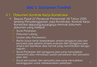Bab 3 Dokumen Kontrak

3.1. Dokumen Kontrak Kerja Konstruksi
     Sesuai Pasal 22 Peraturan Pemerintah 29 Tahun 2000
      tentang Penyelenggaraan Jasa Konstruksi, Kontrak Kerja
      Konstruksi sekurang-kurangnya memuat dokumen-
      dokumen yang meliputi :
         Surat Perjanjian;
         Dokumen Lelang;
         Usulan atau Penawaran;
         Berita Acara berisi kesepakatan antara pengguna jasa dan
          penyedia jasa selama proses evaluasi oleh pengguna jasa,
          antara lain klarifikasi atas hal-hal yang menimbulkan keragu-
          raguan;
         Surat Perjanjian dari pengguna jasa yang menyatakan
          menerima atau menyetujui usulan penawaran dari penyedia
          jasa; dan
         Surat pernyataan dari penyedia jasa yang menyatakan
          kesanggupan untuk melaksanakan pekerjaan.                    25
                                                                       25
 