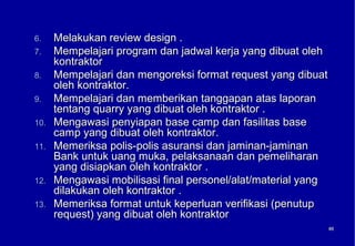 6.    Melakukan review design .
7.    Mempelajari program dan jadwal kerja yang dibuat oleh
      kontraktor
8.    Mempelajari dan mengoreksi format request yang dibuat
      oleh kontraktor.
9.    Mempelajari dan memberikan tanggapan atas laporan
      tentang quarry yang dibuat oleh kontraktor .
10.   Mengawasi penyiapan base camp dan fasilitas base
      camp yang dibuat oleh kontraktor.
11.   Memeriksa polis-polis asuransi dan jaminan-jaminan
      Bank untuk uang muka, pelaksanaan dan pemeliharan
      yang disiapkan oleh kontraktor .
12.   Mengawasi mobilisasi final personel/alat/material yang
      dilakukan oleh kontraktor .
13.   Memeriksa format untuk keperluan verifikasi (penutup
      request) yang dibuat oleh kontraktor
                                                               66
                                                               66
 