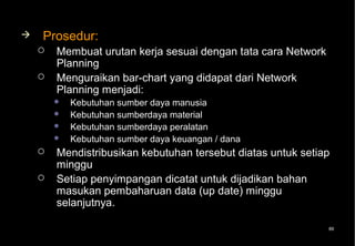    Prosedur:
       Membuat urutan kerja sesuai dengan tata cara Network
        Planning
       Menguraikan bar-chart yang didapat dari Network
        Planning menjadi:
           Kebutuhan sumber daya manusia
           Kebutuhan sumberdaya material
           Kebutuhan sumberdaya peralatan
           Kebutuhan sumber daya keuangan / dana
       Mendistribusikan kebutuhan tersebut diatas untuk setiap
        minggu
       Setiap penyimpangan dicatat untuk dijadikan bahan
        masukan pembaharuan data (up date) minggu
        selanjutnya.

                                                               89
 