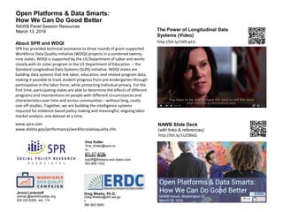 Open Platforms & Data Smarts:
How We Can Do Good Better
Greg.Weeks@ofm.wa.go
v
360.902.0660
Greg Weeks, Ph.D.
JennaL@workforcedqc.org
202.223.8355, ext. 114
Jenna Leventoff
Vinz_Koller@spra.co
m
831.277.4726
Vinz Koller
kwolff@thinkers-and-doers.com
503.888.1022
Kristin Wolff
NAWB Panel Session Resources
March 13, 2016
About SPR and WDQI
SPR has provided technical assistance to three rounds of grant-supported
Workforce Data Quality Initiative (WDQI) projects in a combined twenty-
nine states. WDQI is supported by the US Department of Labor and works
closely with its sister program in the US Department of Education – the
Standard Longitudinal Data Systems (SLDS) initiative. WDQI states are
building data systems that link labor, education, and related program data,
making it possible to track student progress from pre-kindergarten through
participation in the labor force, while protecting individual privacy. For the
first time, participating states are able to determine the effects of different
programs and interventions on people with different circumstances and
characteristics over time and across communities – without long, costly
one-off studies. Together, we are building the intelligence systems
required for evidence-based policy making and meaningful, ongoing labor
market analysis, one dataset at a time.
www.spra.com
www.doleta.gov/performance/workforcedataquality.cfm
The Power of Longitudinal Data
Systems (Video)
http://bit.ly/24PLwUL
NAWB Slide Deck
(with links & references)
http://bit.ly/1UZSBxQ
 
