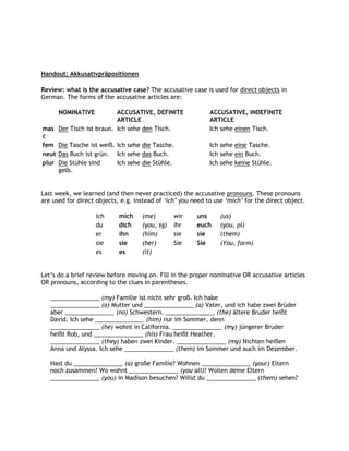 Handout: Akkusativpräpositionen

Review: what is the accusative case? The accusative case is used for direct objects in
German. The forms of the accusative articles are:

      NOMINATIVE         ACCUSATIVE, DEFINITE                ACCUSATIVE, INDEFINITE
                         ARTICLE                             ARTICLE
mas Der Tisch ist braun. Ich sehe den Tisch.                 Ich sehe einen Tisch.
c
fem Die Tasche ist weiß. Ich sehe die Tasche.                Ich sehe eine Tasche.
neut Das Buch ist grün. Ich sehe das Buch.                   Ich sehe ein Buch.
plur Die Stühle sind     Ich sehe die Stühle.                Ich sehe keine Stühle.
     gelb.


Last week, we learned (and then never practiced) the accusative pronouns. These pronouns
are used for direct objects, e.g. instead of „ich‟ you need to use „mich‟ for the direct object.

                   ich      mich    (me)        wir     uns      (us)
                   du       dich    (you, sg)   ihr     euch     (you, pl)
                   er       ihn     (him)       sie     sie      (them)
                   sie      sie     (her)       Sie     Sie      (You, form)
                   es       es      (it)


Let‟s do a brief review before moving on. Fill in the proper nominative OR accusative articles
OR pronouns, according to the clues in parentheses.

   _______________ (my) Familie ist nicht sehr groß. Ich habe
   _______________ (a) Mutter und _______________ (a) Vater, und ich habe zwei Brüder
   aber _______________ (no) Schwestern. _______________ (the) ältere Bruder heißt
   David. Ich sehe _______________ (him) nur im Sommer, denn
   _______________ (he) wohnt in California. _______________ (my) jüngerer Bruder
   heißt Rob, und _______________ (his) Frau heißt Heather.
   _______________ (they) haben zwei Kinder. _______________ (my) Nichten heißen
   Anna und Alyssa. Ich sehe _______________ (them) im Sommer und auch im Dezember.

   Hast du _______________ (a) große Familie? Wohnen _______________ (your) Eltern
   noch zusammen? Wo wohnt _______________ (you all)? Wollen deine Eltern
   _______________ (you) in Madison besuchen? Willst du _______________ (them) sehen?
 