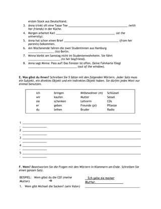 ersten Stock aus Deutschland.
    3.   Anna trinkt oft eine Tasse Tee _______________________________________ (with
         her friends) in der Küche.
    4.   Morgen arbeitet Karl _______________________________________ (at the
         university).
    5.   Anna hat schon einen Brief ____________________________________ (from her
         parents) bekommen.
    6.   Am Wochenende fahren die zwei Studentinnen aus Hamburg
         _________________ (to) Berlin.
    7.   Minna bleibt am Samstag nicht im Studentenwohnheim. Sie fährt
         _____________________ (to her boyfriend).
    8.   Anna sagt Minna: Pass auf! Das Fenster ist offen. Deine Fahrkarte fliegt
         ________________________________ (out of the window).


E. Was gibst du ihnen? Schreiben Sie 5 Sätze mit den folgenden Wörtern. Jeder Satz muss
ein Subjekt, ein direktes Objekt und ein indirektes Objekt haben. Sie dürfen jedes Wort nur
einmal benutzen.


              ich          bringen             Mitbewohner (m)    Schlüssel
              wir          kaufen              Mutter             Sessel
              sie          schenken            Lehrerin           CDs
              er           geben               Freunde (pl)       Pflanze
              du           leihen              Bruder             Radio



1   ______________________________________________________________________________
.   ________________
2   ______________________________________________________________________________
.   ________________
3   ______________________________________________________________________________
.   ________________
4   ______________________________________________________________________________
.   ________________
5   ______________________________________________________________________________
.   ________________


F. Wem? Beantworten Sie die Fragen mit den Wörtern in Klammern am Ende. Schreiben Sie
einen ganzen Satz.

BEISPIEL: Wem gibst du die CD? (meine               Ich gebe sie meiner
Mutter)                                           Mutter.
1. Wem gibt Michael die Socken? (sein Vater)      ____________________________________
 