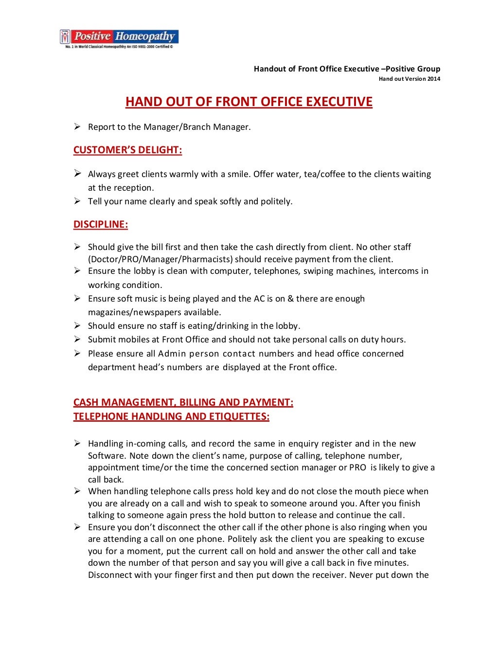 Handout of front office executive