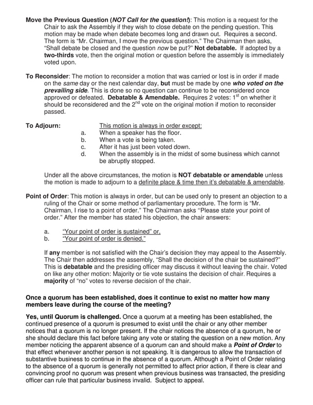 Parliamentary Rules Handout | PDF | Law